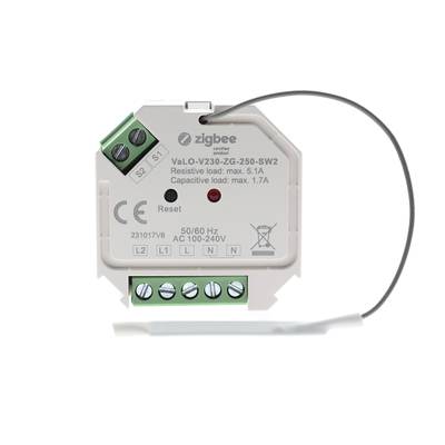 Bílé zařízení Zigbee VaLo-V230-ZG-250-SW2 s drátovými konektory, resetovacím tlačítkem a anténou s plochým pozadím - vybavení prodejny LED osvětlení.