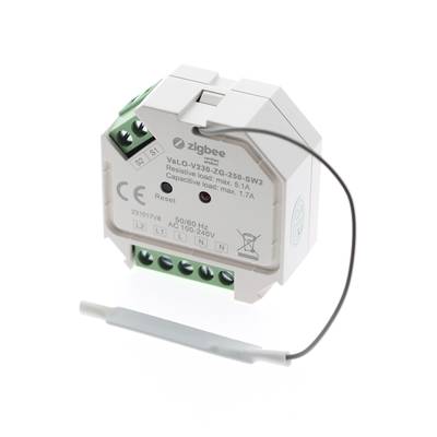 "Modul spínače Zigbee VaLV-230-ZG-250-SW2, bílý s tlačítkem reset a drátovými konektory, bílé pozadí.