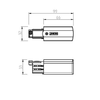 Technický výkres elektrické součásti světla LED, rozměry 99x32x33mm. Vyznačené detaily s bočním pohledem pro přehlednost.