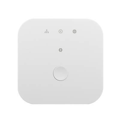 Alternativní text: "Bílé elektronické zařízení s kulatým tlačítkem a ikonami funkcí, určené k ovládání LED osvětlení.