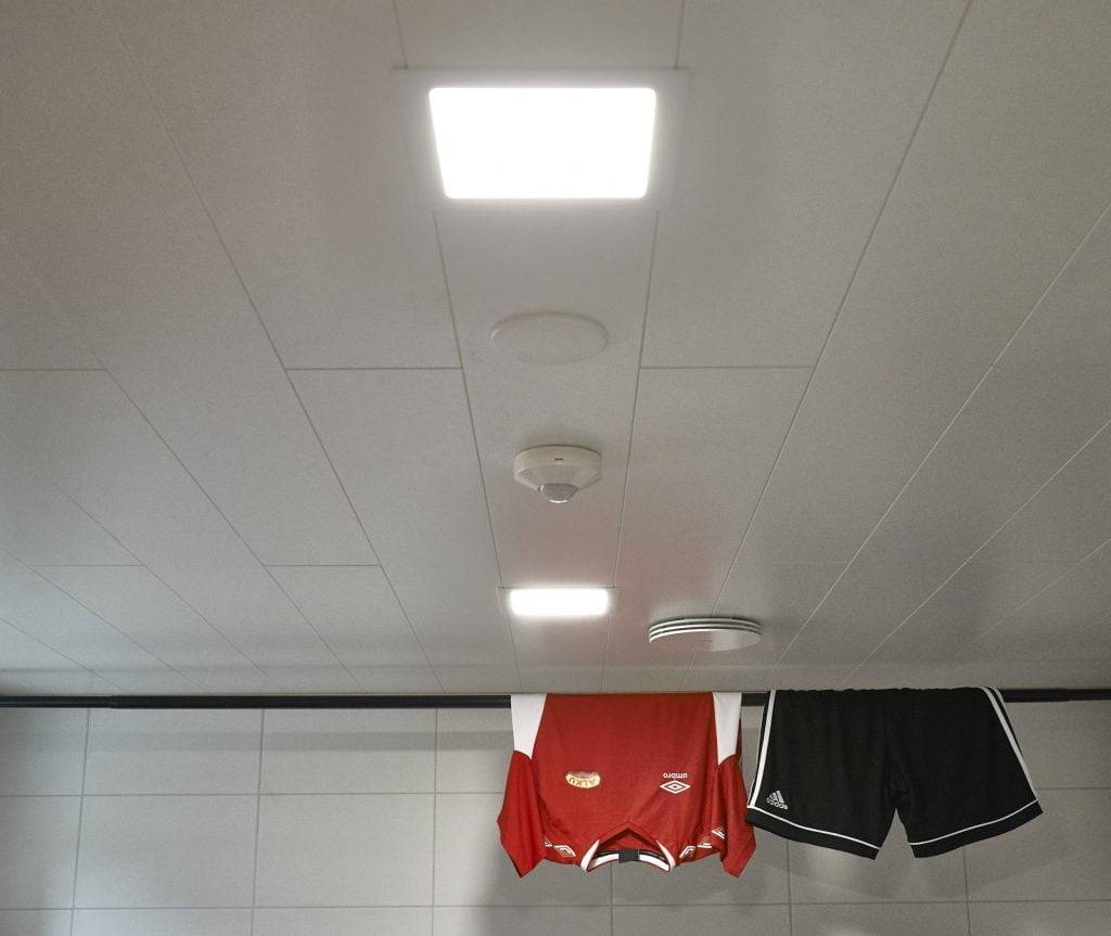 Zelené pozadí s bílým čtvercovým obrysem uprostřed s textem "LED STORE" uvnitř, který upozorňuje na energeticky účinná řešení osvětlení.