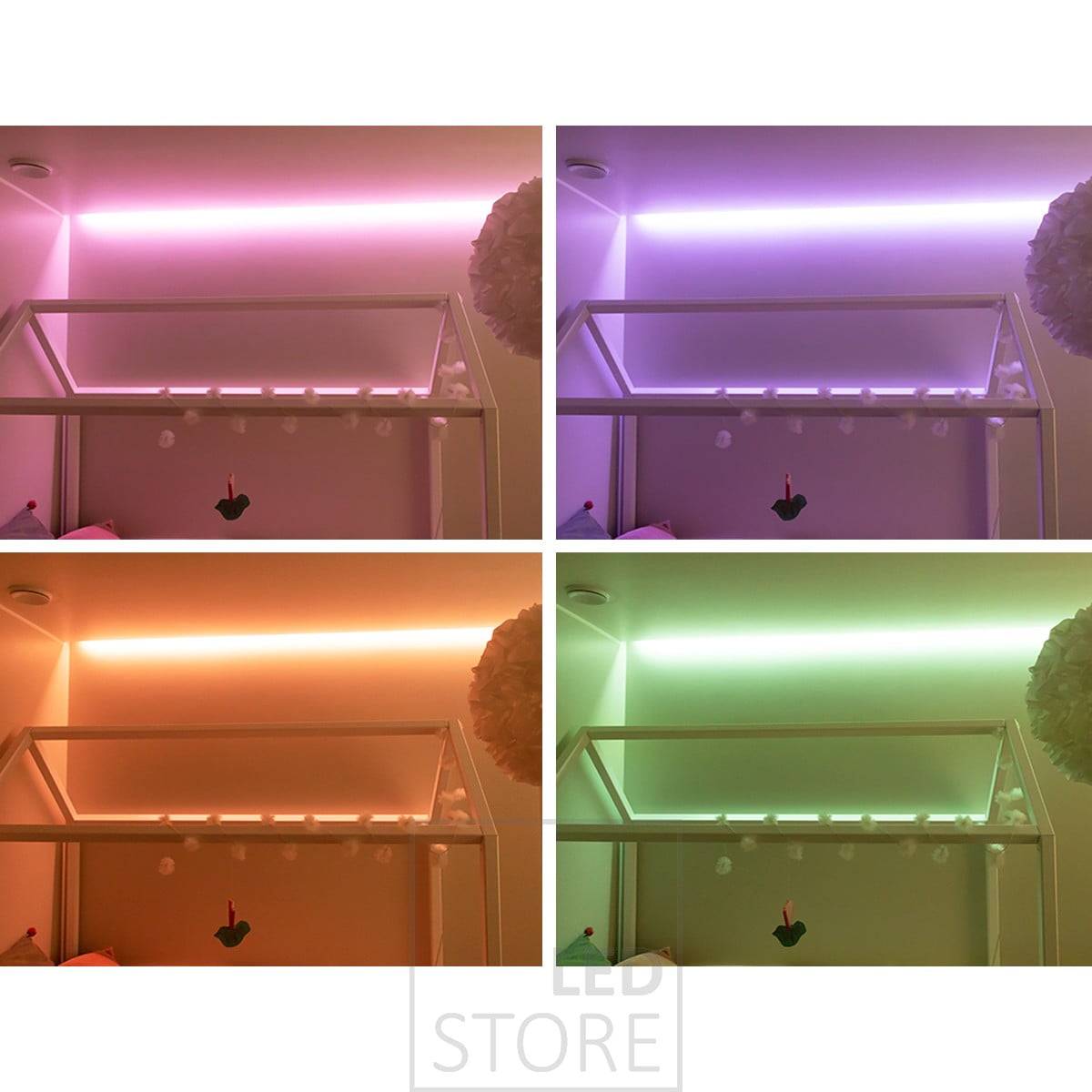 Přizpůsobitelné a všestranné náladové osvětlení s LED páskem RGB+W s plynule měnitelnými barvami světla pomocí kabelového nebo bezdrátového ovládání. Ledstore.fi