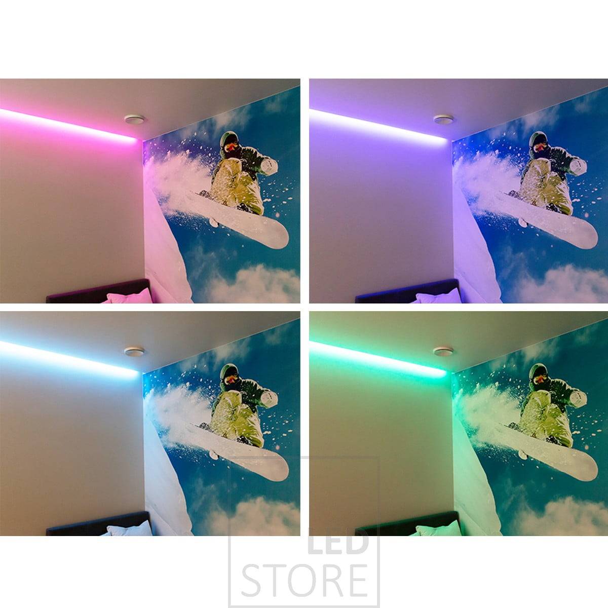 Přizpůsobitelné náladové osvětlení s LED páskem RGB+W, barvy světla lze plynule nastavovat pomocí kabelového nebo bezdrátového ovládání. Ledstore.fi