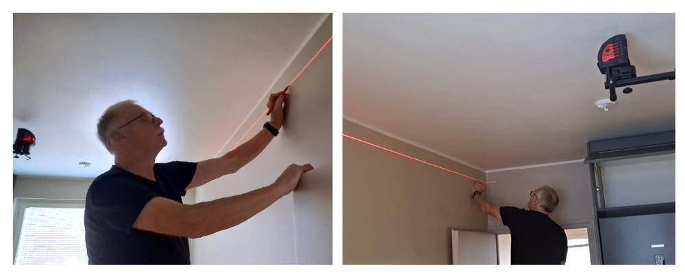 Montáž spojovacích prvků na stěnu s laserovým rovnáním