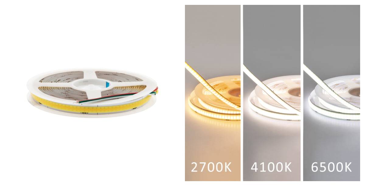 COB LED pásek v teplých, neutrálních a studených odstínech bílého světla.