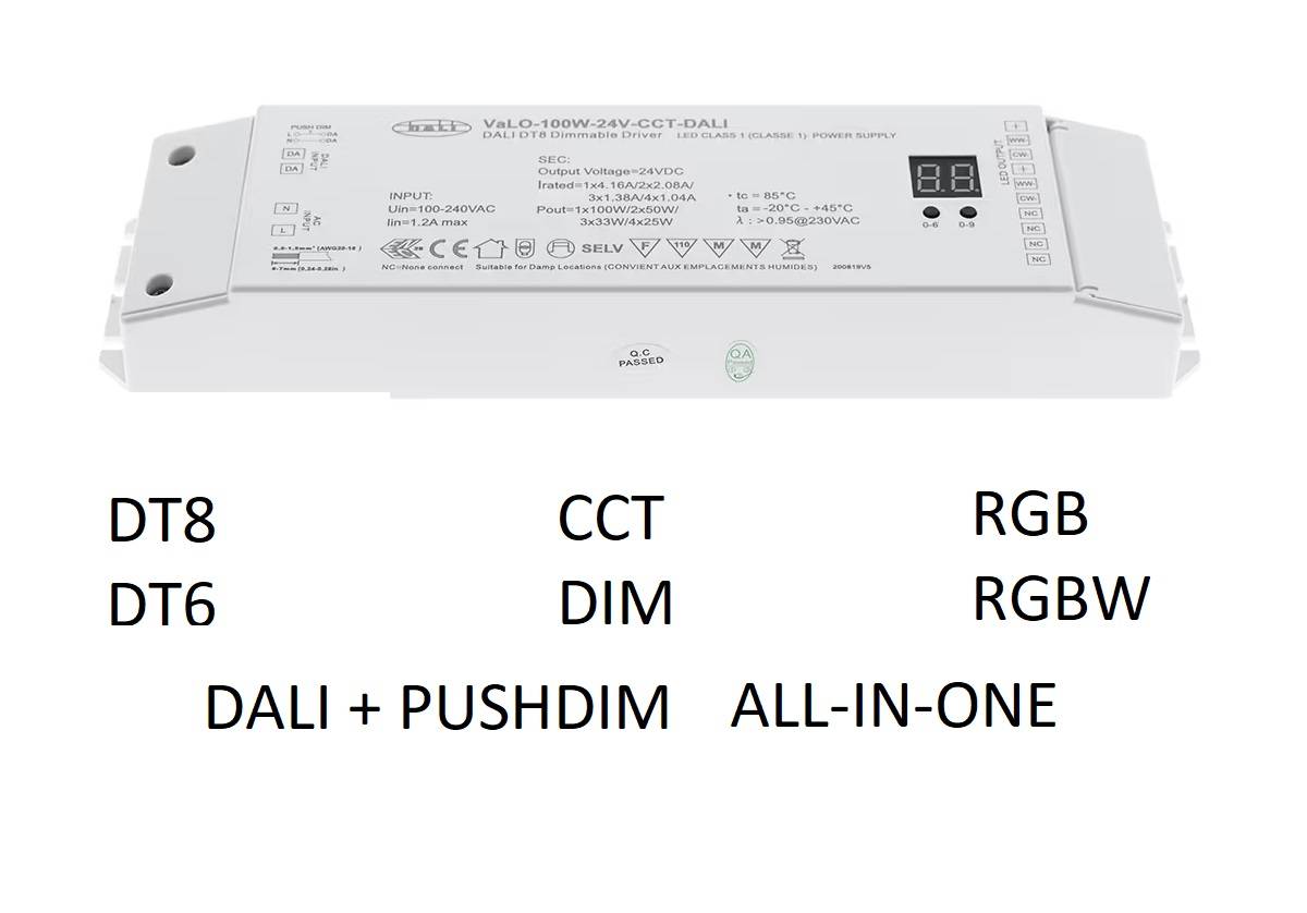 Výkonný bílý LED regulátor s pokročilými funkcemi DALI DT8, CCT, RGB, DT6, DIM, RGBW a DALI+PUSHDIM.