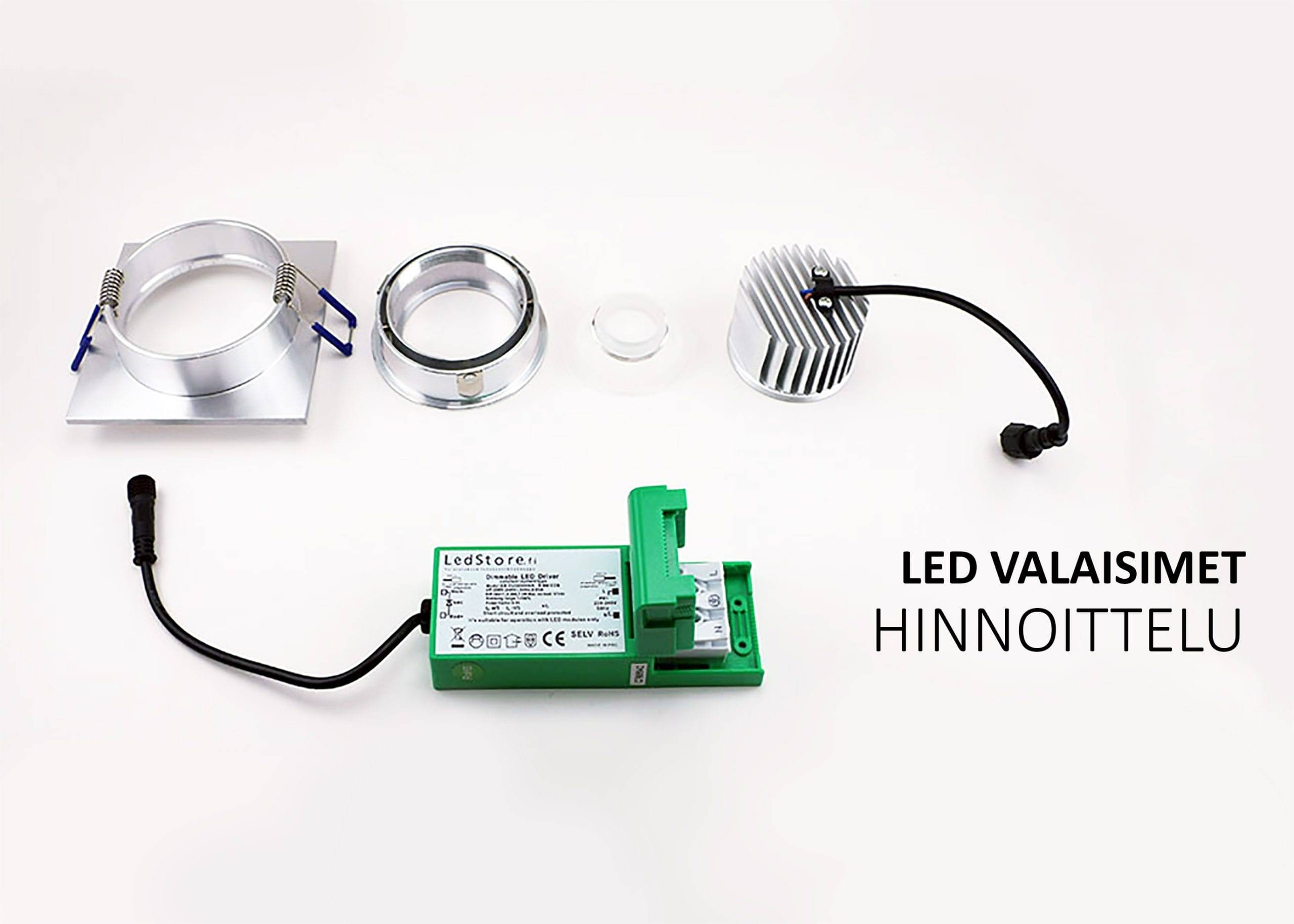 Rozložení komponentů osvětlení LED: držák, kruhová čočka, chladič s vodičem, napájecí zdroj. Text: "CENY LED SVĚTEL." Ideální pro LED projekty.