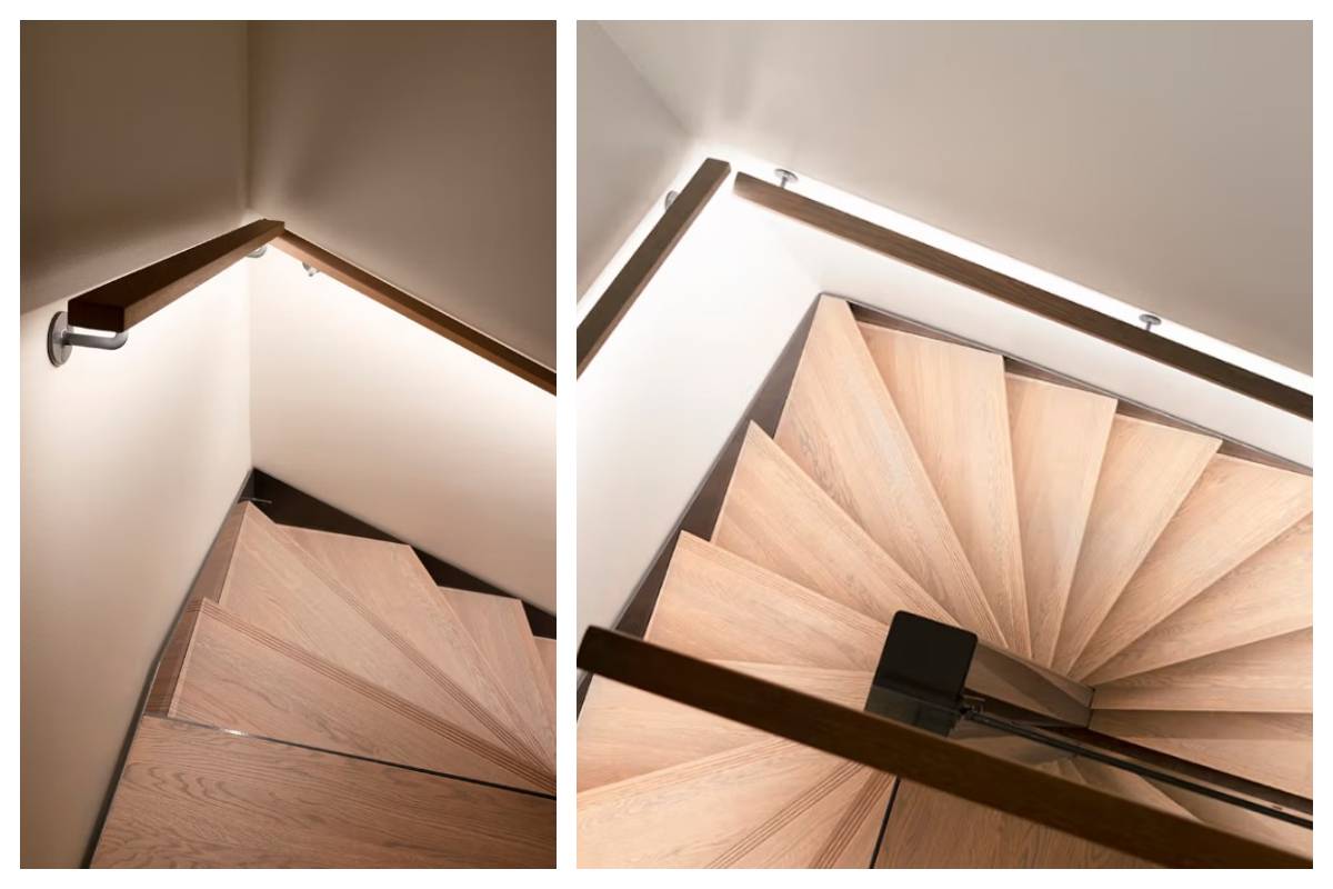 Dřevěné schody s kovovým zábradlím při pohledu shora a z boku - moderní osvětlení od LedStore.fi zvýrazňuje tento elegantní detail v domě rodiny Kaitamäki v Espoo.
