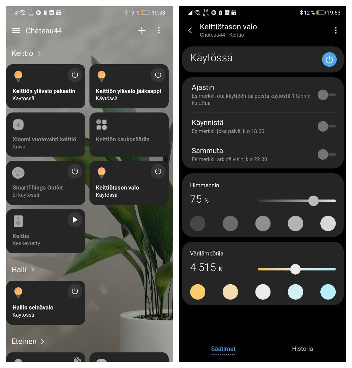 Příklad rozhraní osvětlení Samsung Smart Things. Vlevo zařízení Zigbee v kuchyni v jednom pohledu a vpravo ovládací a časovací rozhraní pro kuchyňské osvětlení.