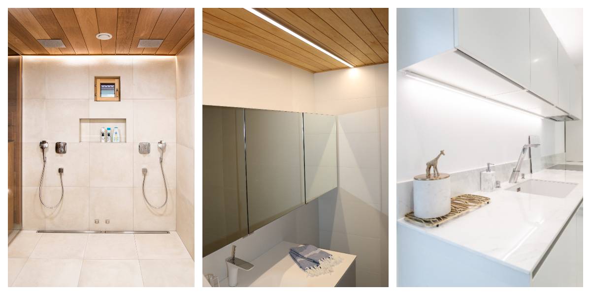 LED pásek umožňuje bezdrátové stmívání pomocí TRIAC. Použití zahrnuje nepřímé náladové osvětlení v koupelně, stropní osvětlení nad zrcadlem na toaletě a osvětlení pracovní desky v kuchyni.