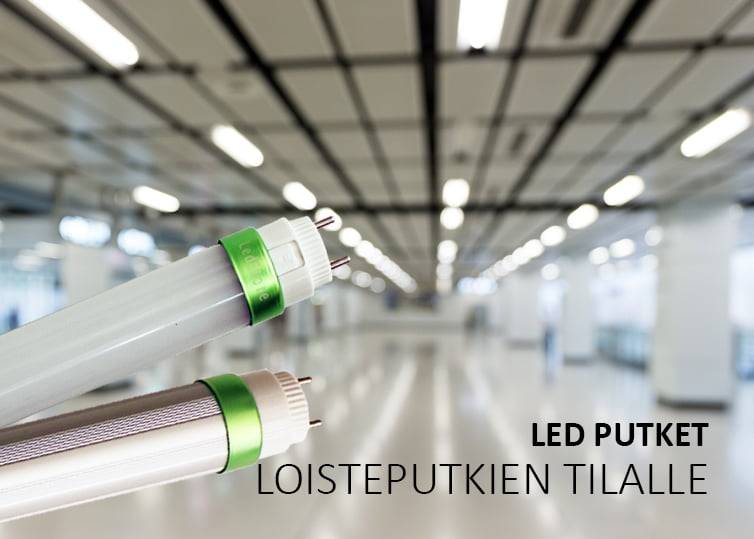 Dvě LED trubice se zelenými akcenty na pozadí nepřehledné prostorné místnosti s mřížovým stropem; text v angličtině "LED TUBES FOR LIVE TUBES.
