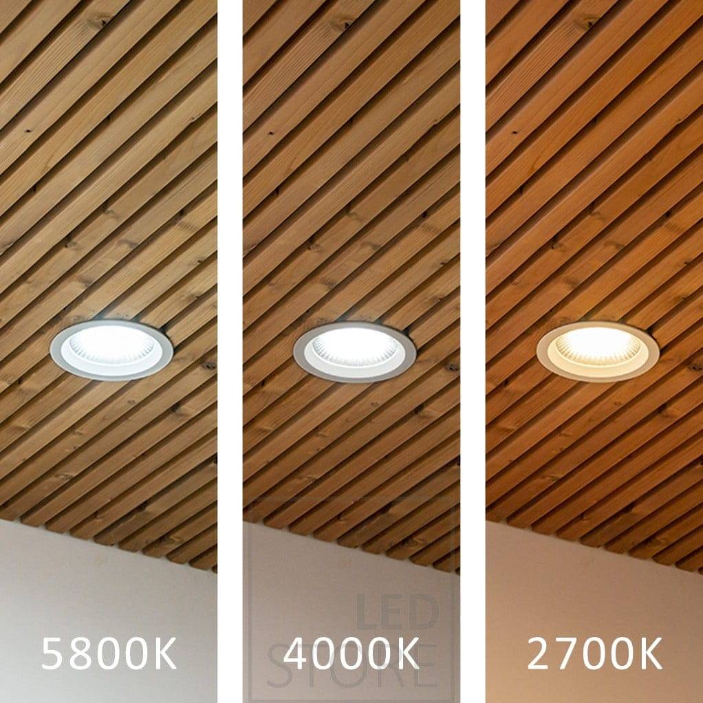 Barevná teplota světla LED - Více informací o Kelvinech Hluboký zářič EYE ve stropním pásu s plynulou regulací teploty barev (CCT). Ledstore.fi