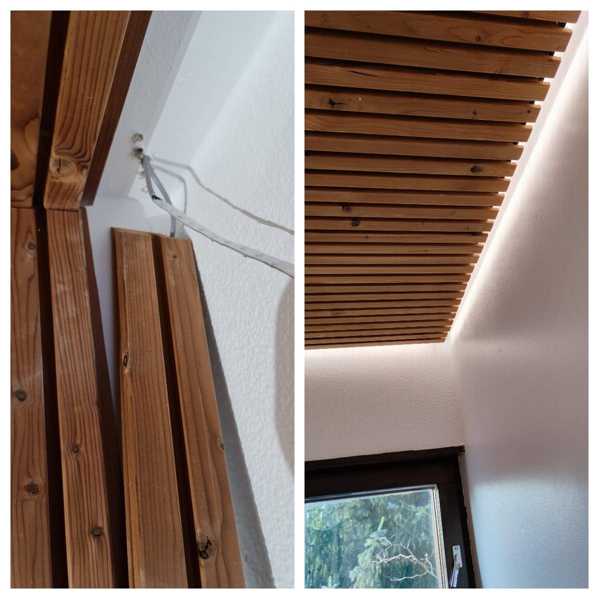 Instalace panelu a pásků LED a hotové osvětlení na stropě s pásky LED připevněnými k černému hliníkovému profilu.
