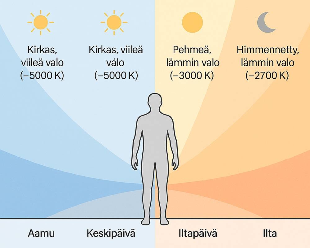 Obrázek ukazuje barvu a teplotu světla v závislosti na denní době, pokyny pro osvětlení podle normy EN 12464-1, ve finštině.
