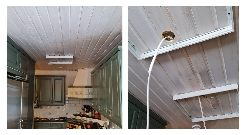 V dřevěné nebo omítnuté střeše lze kabel také přehledně přenést k dalšímu panelu.
