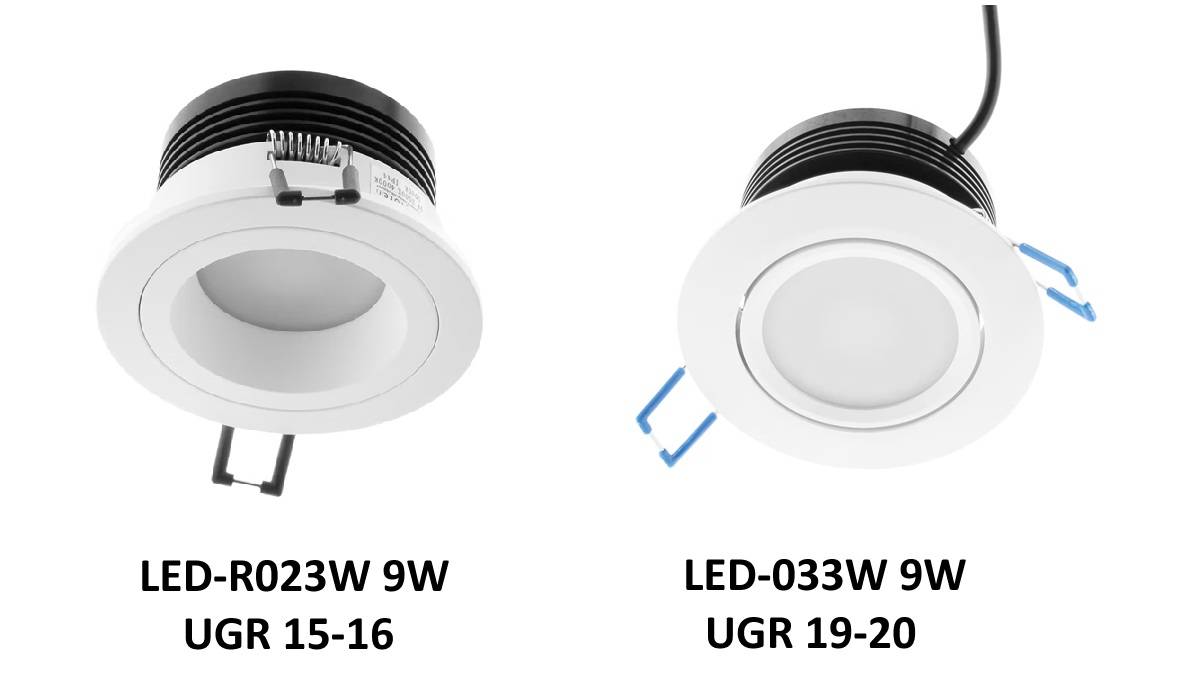 Dvě bílá světla s LED základnou (LED-R023W 9W UGR 15-16, LED-033W 9W UGR 19-20) splňují normu pro osvětlení EN12464-1.