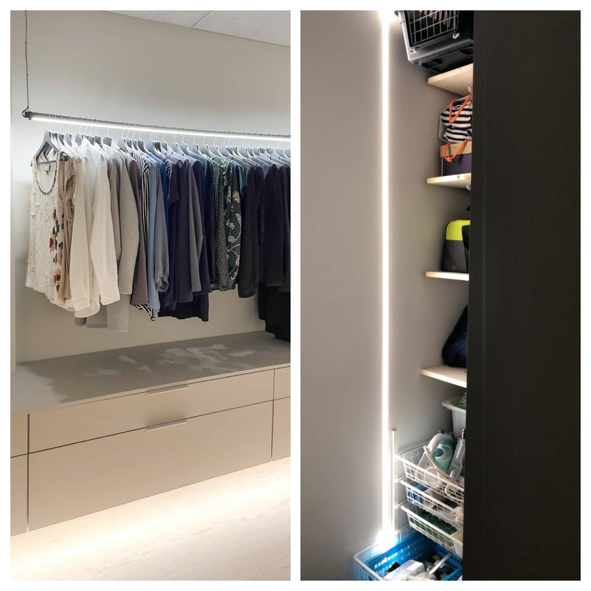 autorská práva LedStore.fi Tipy pro osvětlení šatní skříně pomocí LED pásku a hliníkového profilu. Osvětlená šatní skříň po celé délce, LED pásek namontovaný pod zásuvkou pro nepřímé osvětlení. Na druhém obrázku vertikálně namontovaný LED pásek v zápustném profilu uvnitř skříně. image copyright LedStore.fi