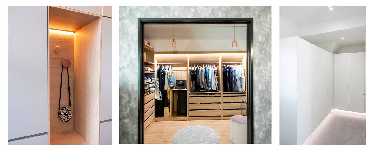 design osvětlení ložnice, světlo na různých úrovních z LED pásků a LED reflektorů