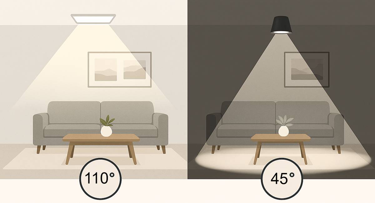 LED osvětlení s širokým úhlem vyzařování (110°) rozzáří celou místnost, zatímco užší úhel vyzařování (45°) zvýrazní místa, jako je jídelní stůl a pohovka. Různé úhly osvětlení ovlivňují atmosféru a funkčnost místnosti - LedStore.fi nabízí širokou škálu řešení, která vyhoví vašim potřebám.