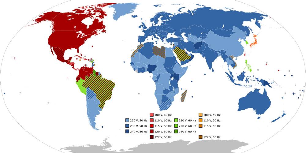 led transformátor, elektrická síť v různých částech světa Obrázek: wikipedia