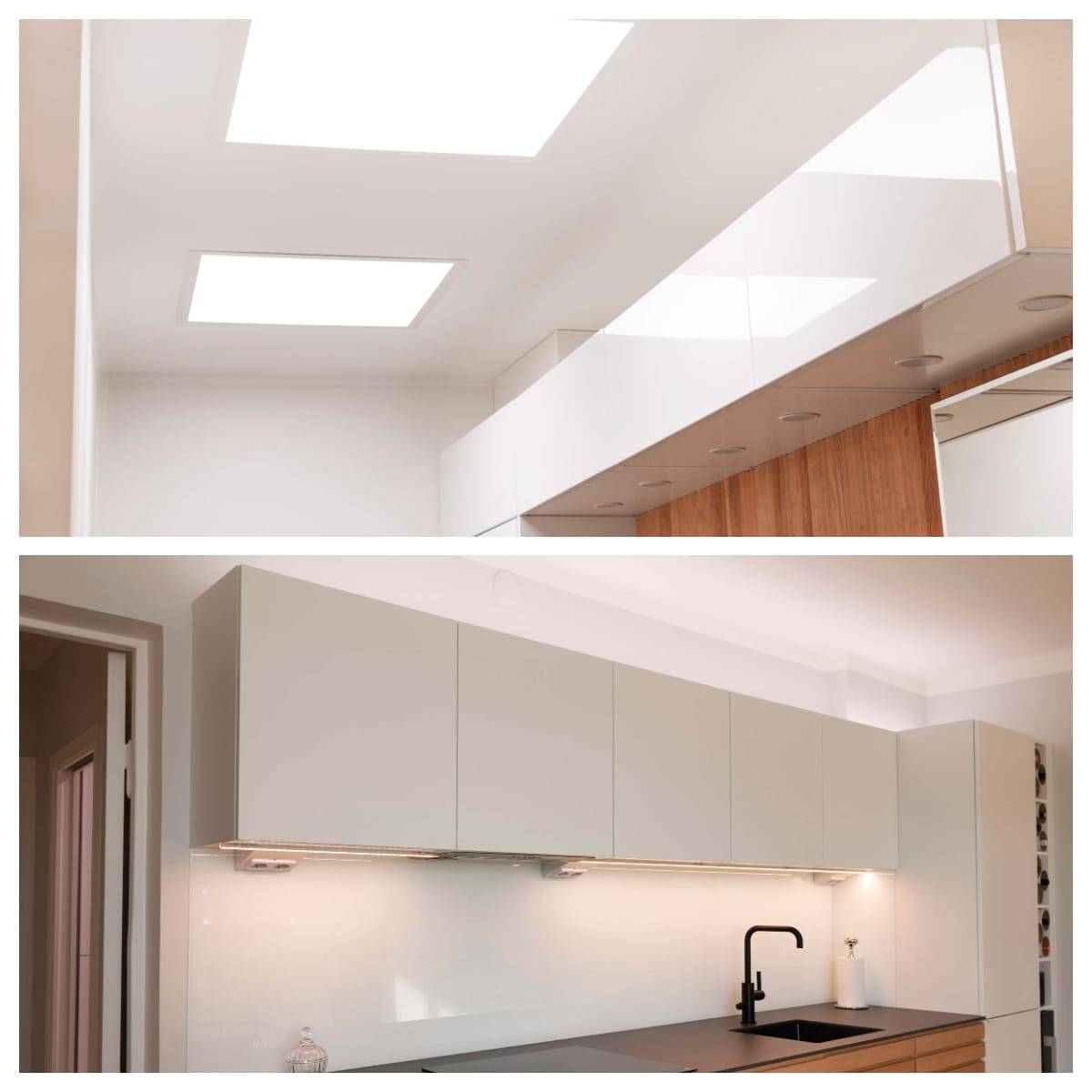 Panel 600 od společnosti LedStore v předsíni a LED pásek s nastavitelnou teplotou barev CCT v kuchyni jsou ovládány pomocí Zigbee pro mobilní použití a ovládají se pomocí nástěnného tlačítka a dálkového ovladače.