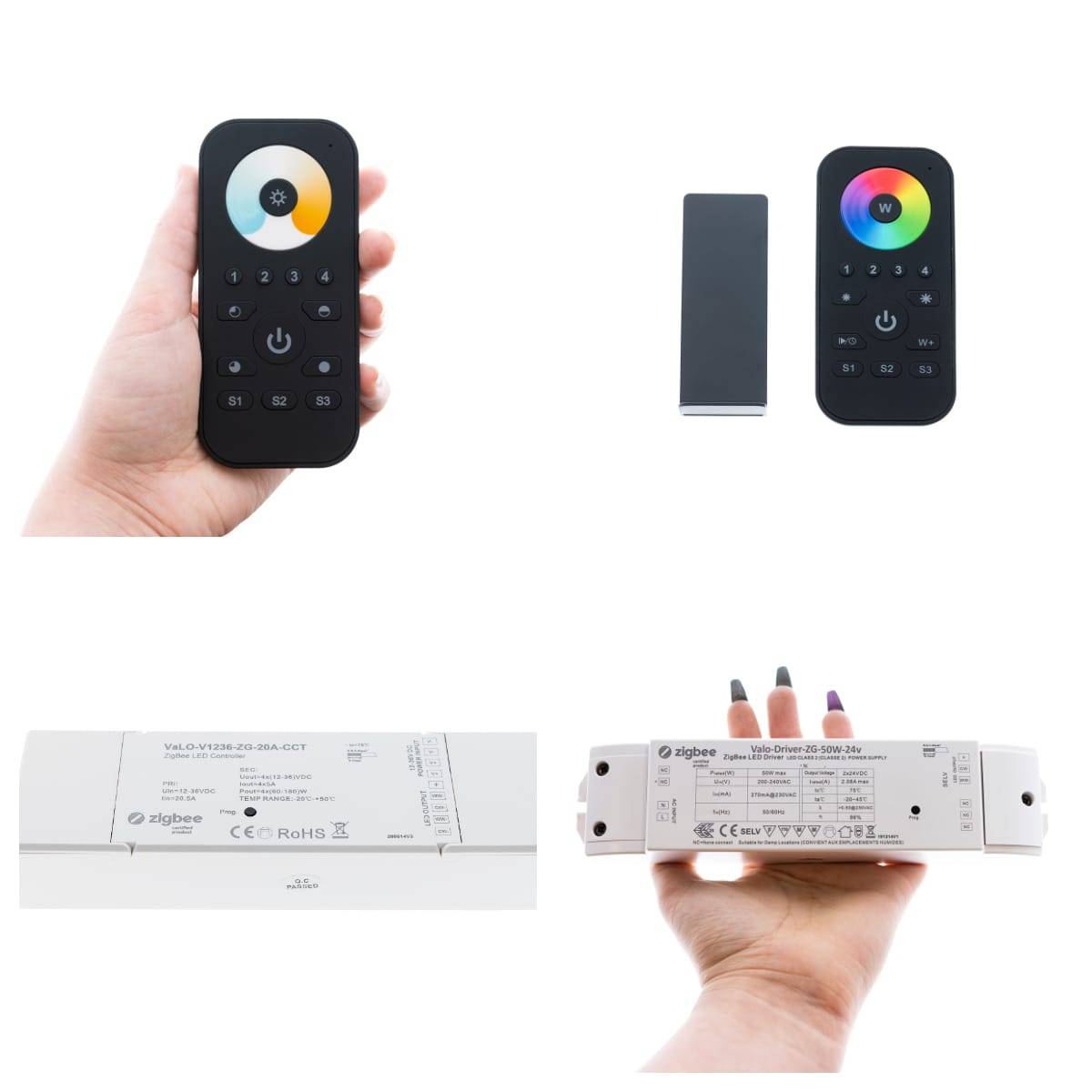 Horní řada s dálkovým ovládáním Zigbee, bílým světlem od studené bílé po teplou bílou a páskem RGB LED měnícím barvu. Dálkové ovladače mají magnet pro připevnění například k držáku, který se přišroubuje do zdi. Dálkové ovladače a přijímače s odpovídajícím řízením teploty barev nebo funkcí změny barev jsou spárovány s rozbočovačem pro všestranné ovládání a plánování.