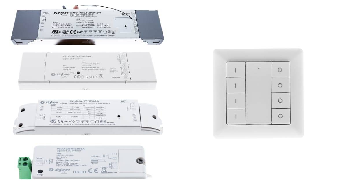 Obrázek vlevo ukazuje transformátory Zigbee s přijímači a vysílačem. Vpravo je řídicí jednotka pro stmívání čtyř skupin. Všechny přijímače/transformátory a tlačítka jsou připojeny k síti prostřednictvím rozbočovače, což umožňuje ovládání svítidel jak z uživatelského rozhraní prostřednictvím mobilních, tak bezdrátových tlačítek.