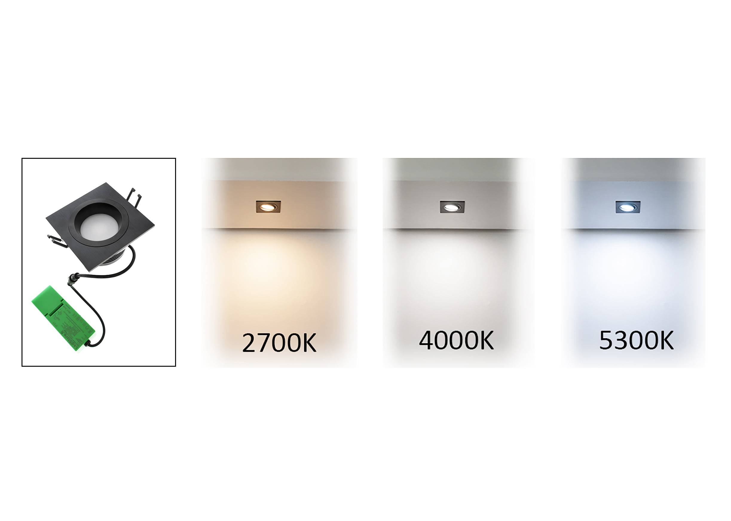 Černé čtvercové LED světlo s nastavitelnou teplotou barev: teplá bílá 2700K, neutrální bílá 4000K, studená bílá 5300K. Všestranné osvětlení pro každou náladu.
