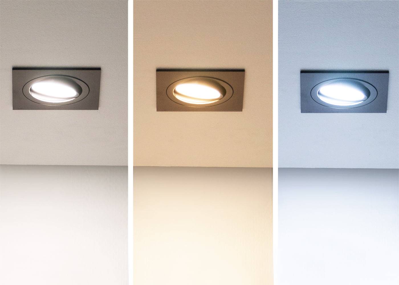 Tři stropní svítidla LED v řadě: teplá bílá, neutrální bílá, studená bílá odstíny krásně osvětlí šedý strop. Dokonalý světelný kontrast.