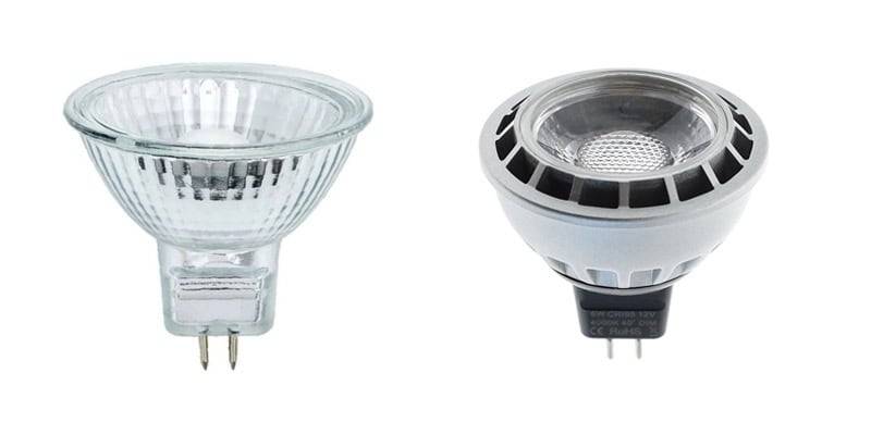 Žárovky GU5.3 nebo MR16: halogenové vlevo a LED vpravo.