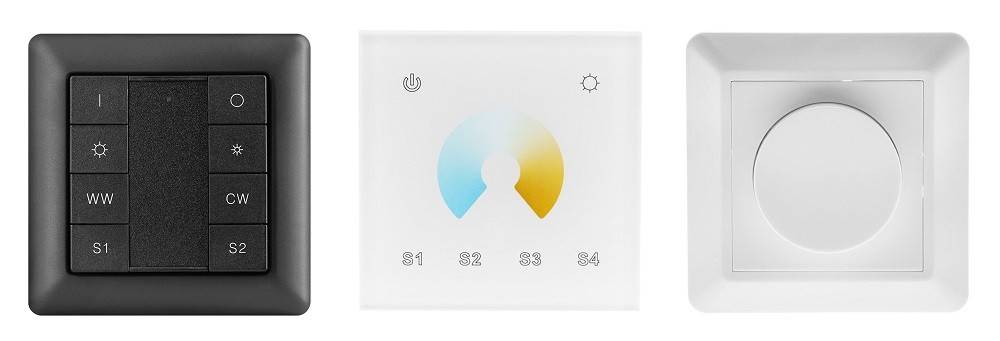 Existují různé typy stmívačů Led. Zleva:Zigbee, PWM, TRIAC