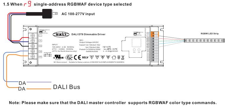 Schéma rozhraní stmívače DALI DT8 pro LED pásek RGBWAF, včetně připojení transformátoru DALI a napájení.