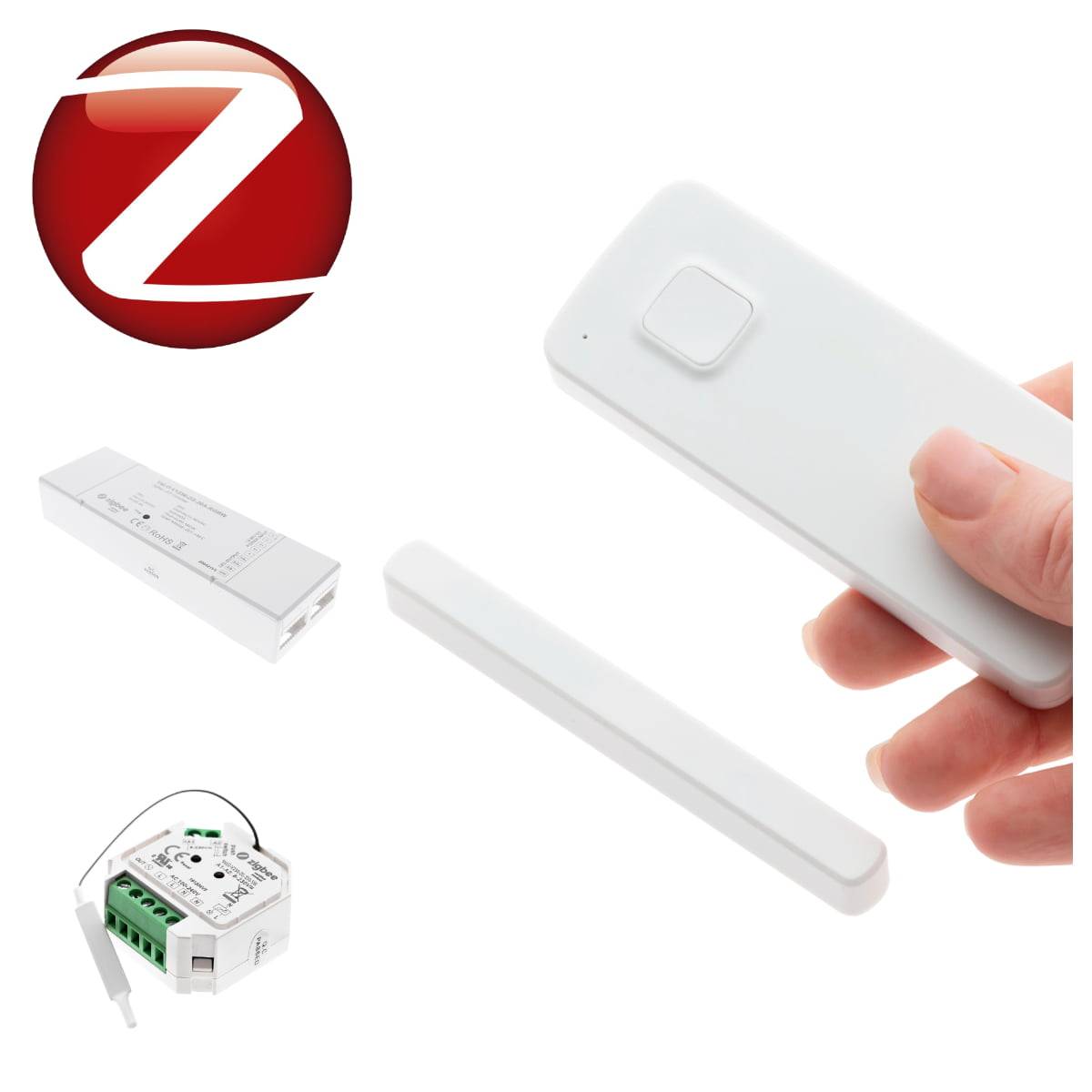 Mezi produkty chytrého osvětlení Zigbee patří také dveřní senzor (vpravo), který rozsvěcuje a zhasíná světla při otevření dveří.