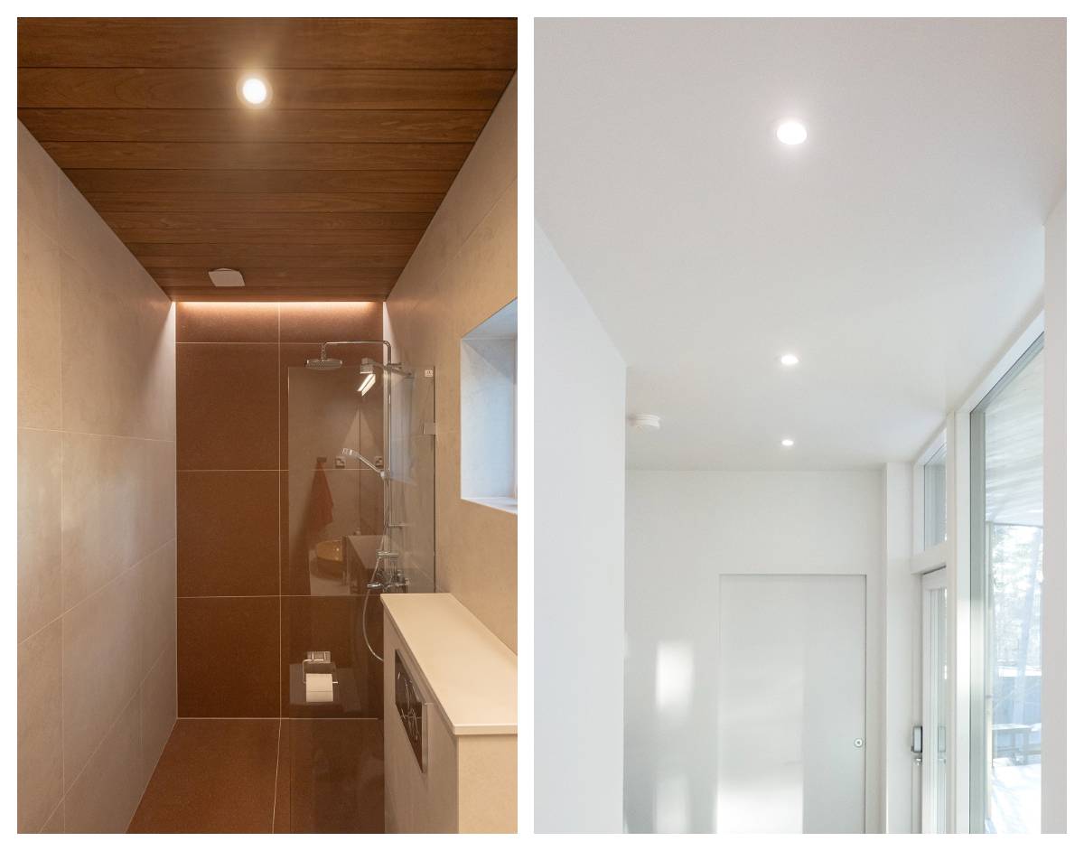 Led reflektory v koupelně a na chodbě. Bodová světla jsou instalována ve středové linii prostoru.