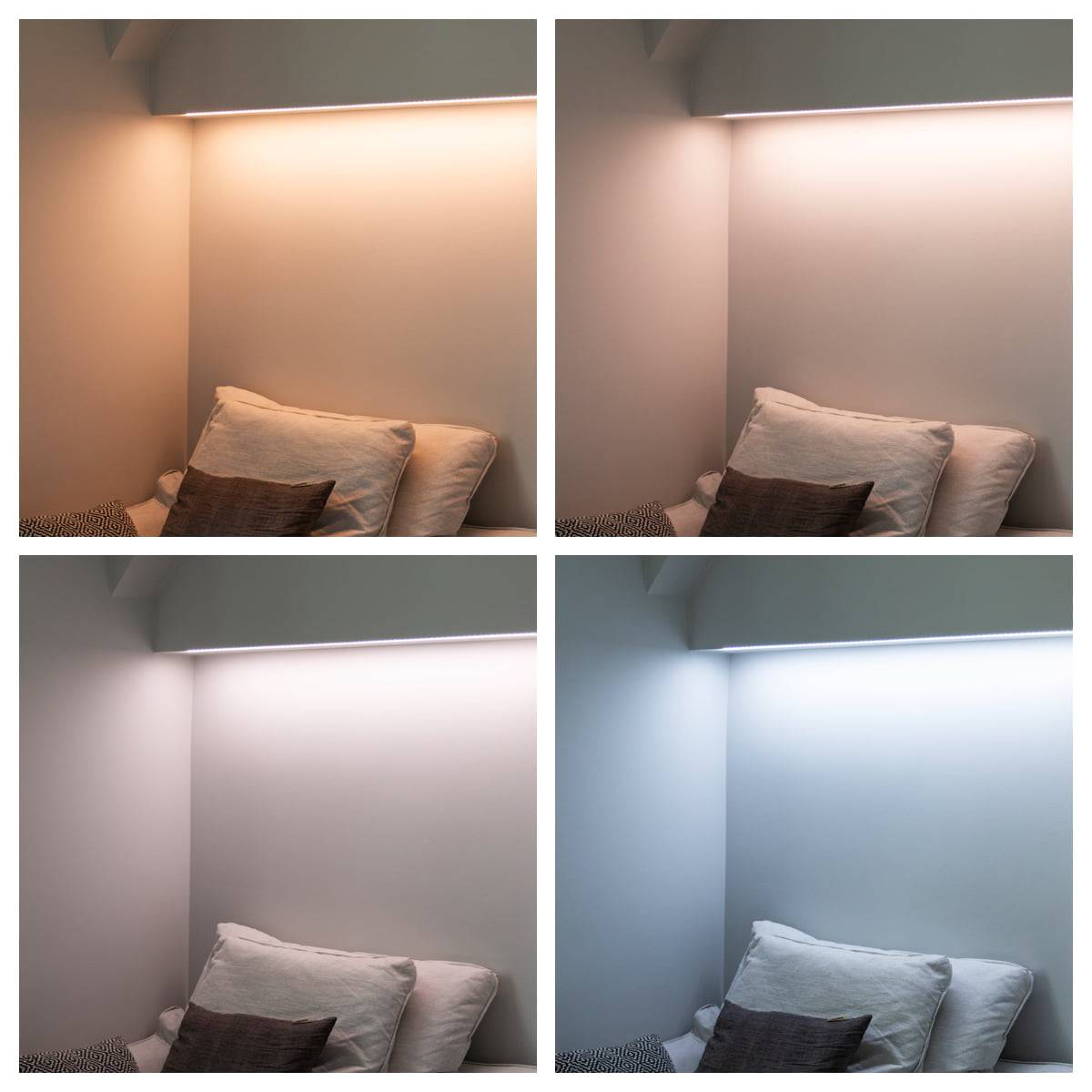 LED pásek s nastavitelnou teplotou barvy světla ve čtecím koutku.