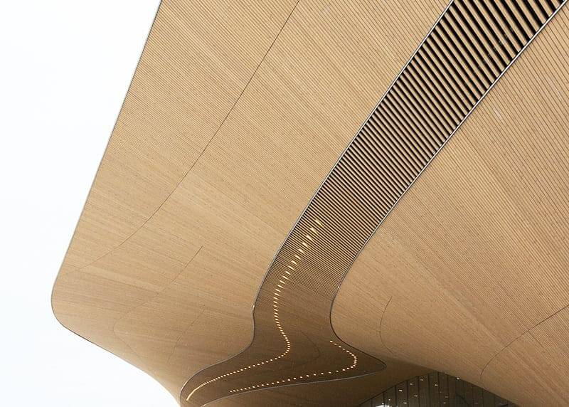 Zakřivená struktura dřeva s vlnitým designem a zapuštěnými LED světly, která zdůrazňují moderní abstraktní vzhled na bílém pozadí.