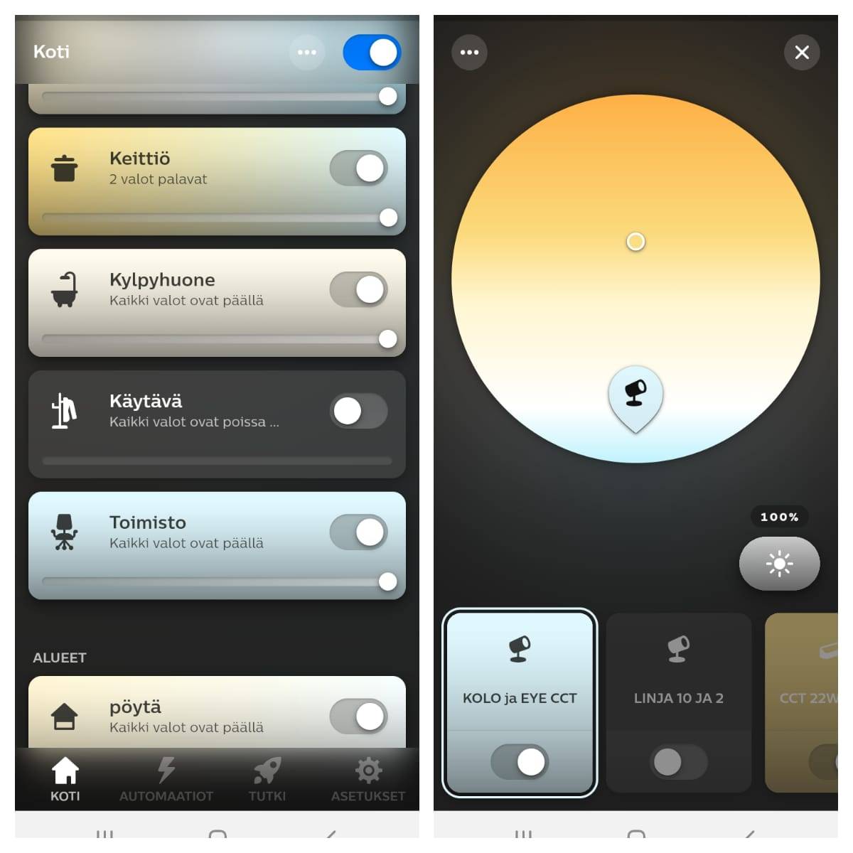 Příklad mobilního zobrazení Philips Hue. Vlevo různé místnosti v domácnosti a vpravo režim ovládání světla v kuchyni. Barevné kolečko nastavuje teplotu bílého světla od teplé bílé po studenou bílou a pravý okraj nastavuje jas. Samozřejmě je možná i automatizace.