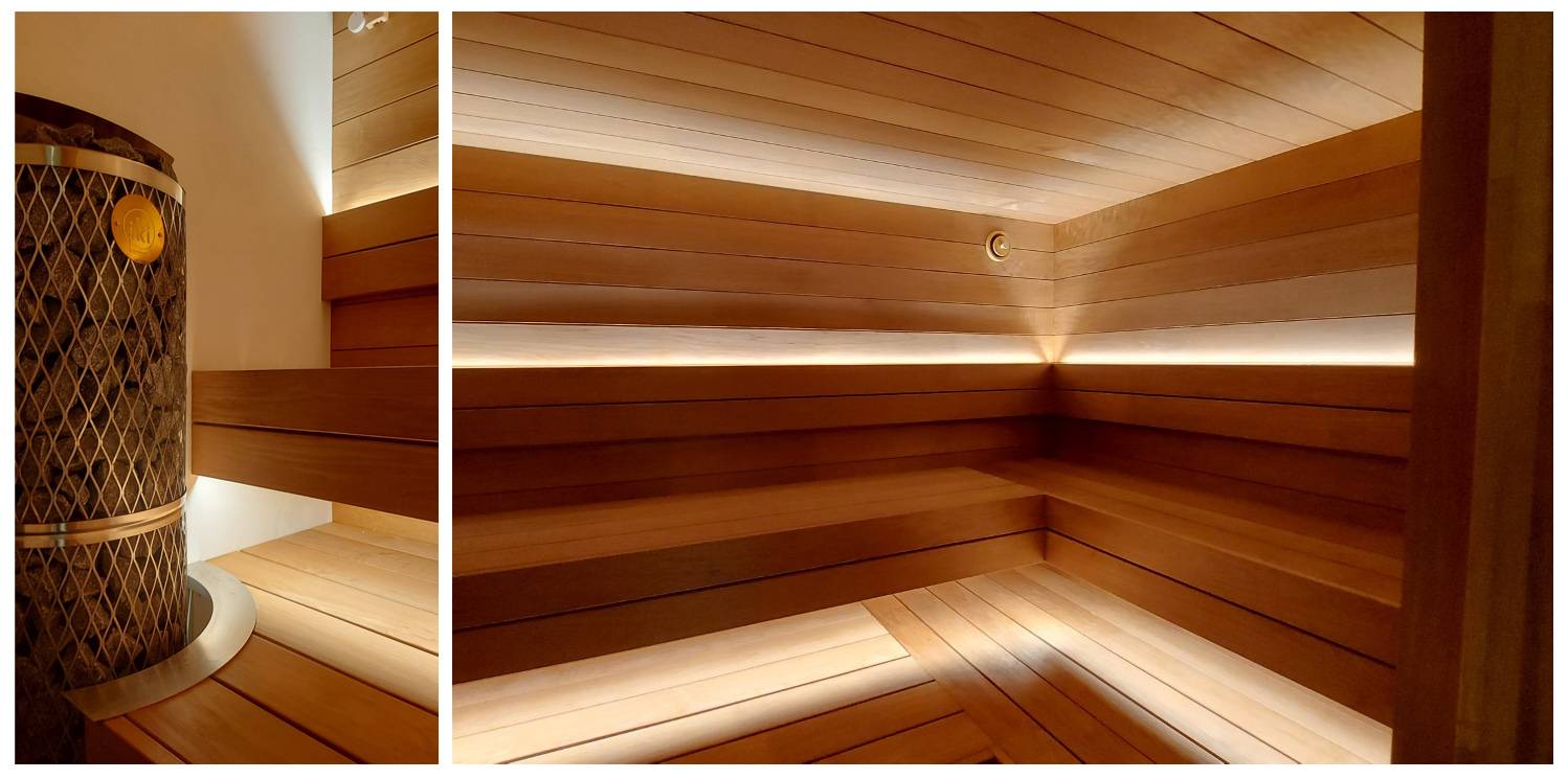 Sauna vedla stuha Osvětlení sauny led pásky pod stropem a v horní části opěradla. Foto.