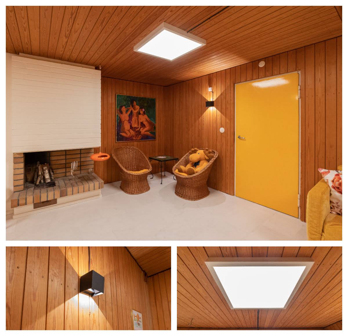 Nástěnné svítidlo Funk s černým a led panelem 600 s nastavitelnou teplotou barev. Obě lampy jsou stmívatelné. Po renovaci má krb dobré osvětlení. LedStore.fi
