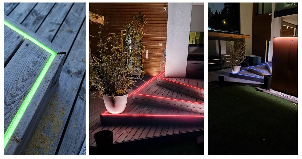 Tři obrázky LED pásku RGB NEON namontovaného na okraj terasy.  